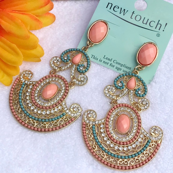 Boho Ethnic Earrings Rhinestone Dangles Goldtone - Picture 5 of 5